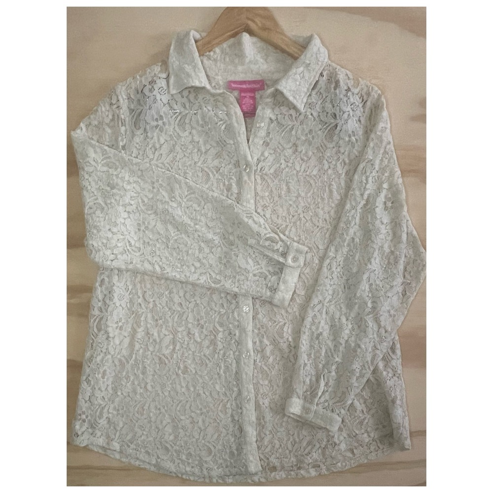Woman Within Cream Lace Blouse Women's XL | Floral Button Up Long Sleeve Top